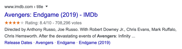 A Google Search rich preview for ‘Avengers: Endgame’ which shows the film’s rating